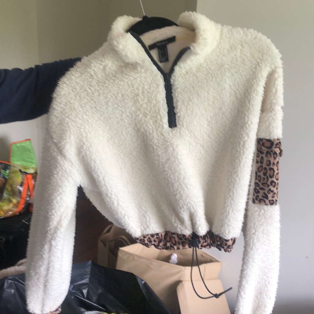 Fuzzy white and cheetah quarter zip F21